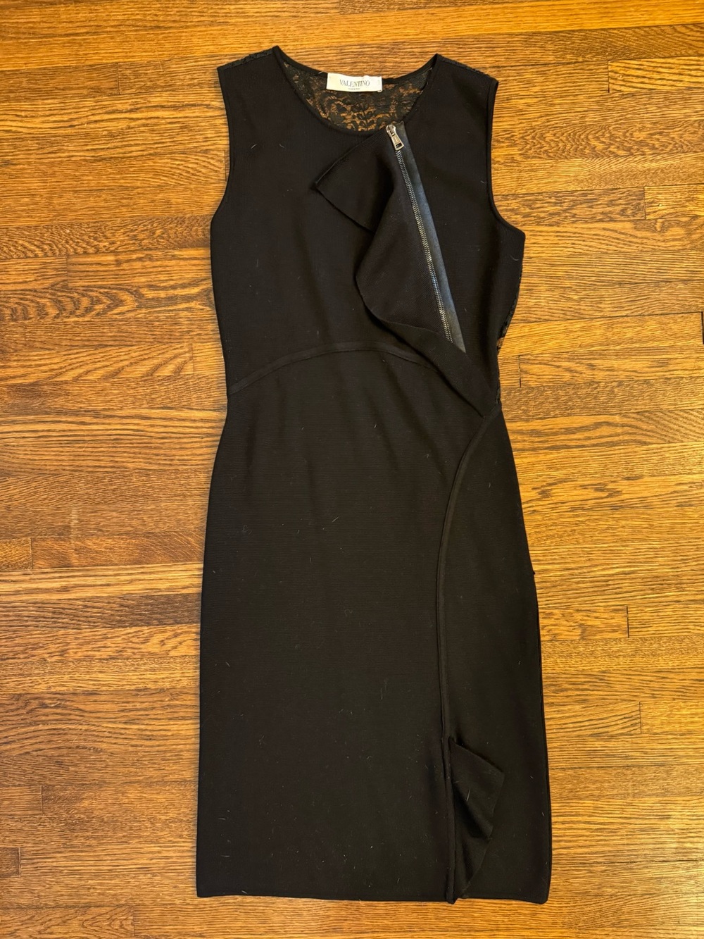 Valentino Black Sleeveless Midi Sheath Dress with Asymmetrical Zip